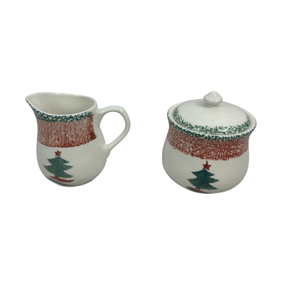 Gibson Christmas Creamer & Sugar Set Ceramic Red/Green Holiday Dishwasher Safe
